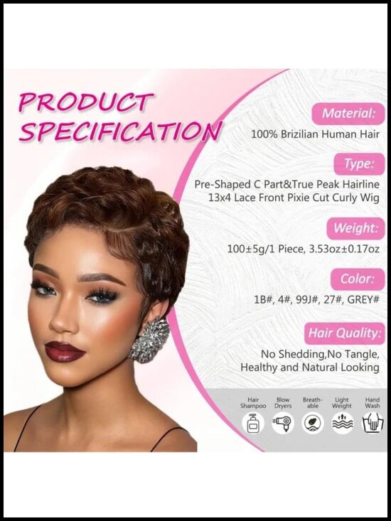 100% Human Hair Pixie Cut Lace Front Wig Curly Glueless Short Layered